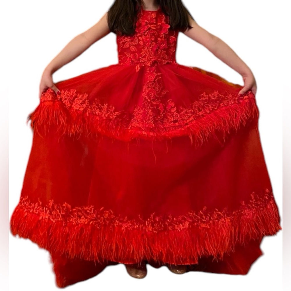 Luxury Red Feather High Low Flower Girls Dresses Jewel
Neck Lace